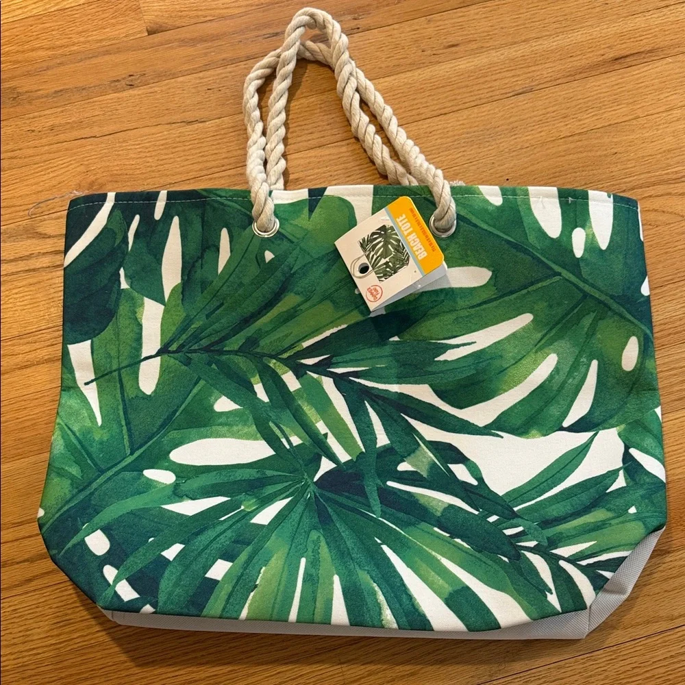 Tropical Green Palm Canvas Beach Tote with Rope Handles